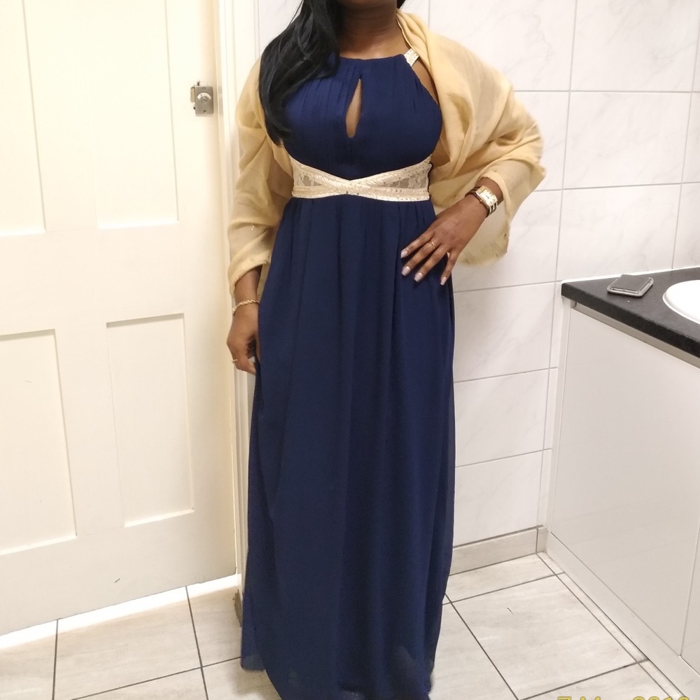 Little Mistress Navy Embellished Lace Panel Detail Maxi dress